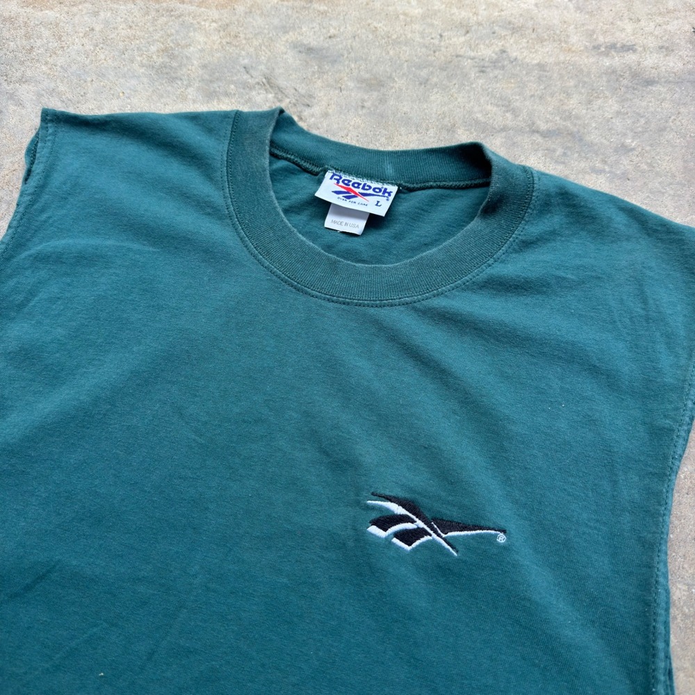Vintage 90s Reebok Muscle Tee Logo Gorpcore Made in USA Green Large g6a